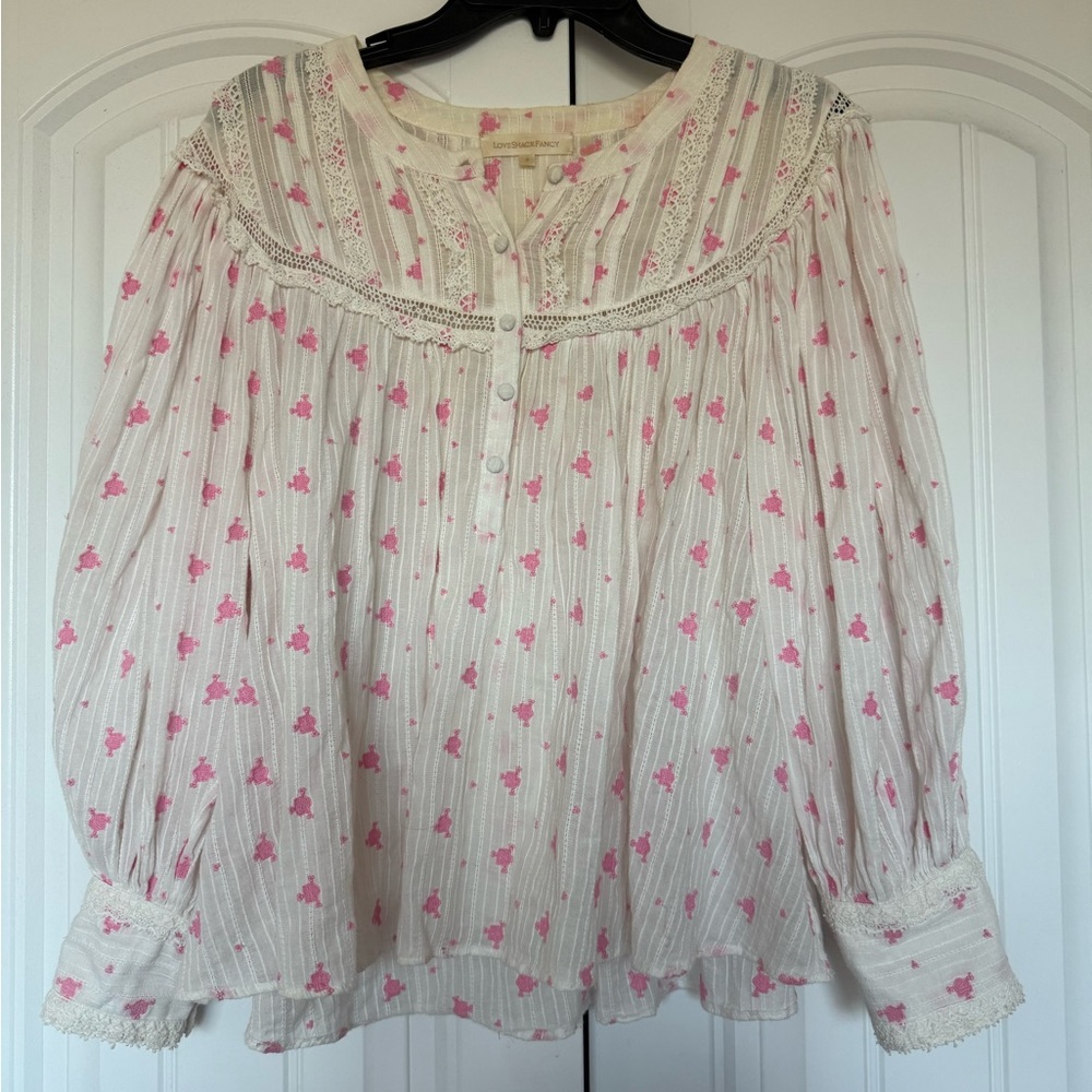 LoveShackFancy Cream and Pink Floral Blouse romantic boho size small